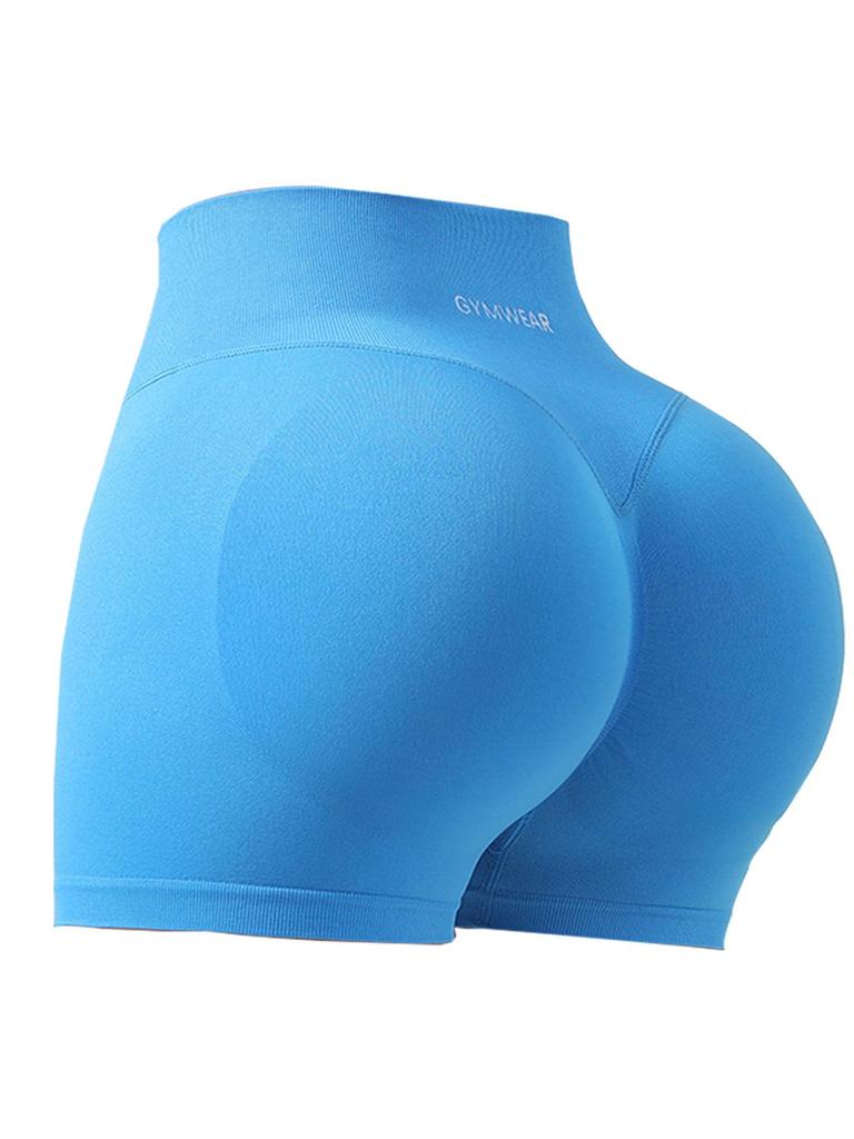 Women's Embroidered Letter Knitted Yoga Shorts with Tummy Control, Solid Color, Breathable Fabric, and Spliced Waist Design.