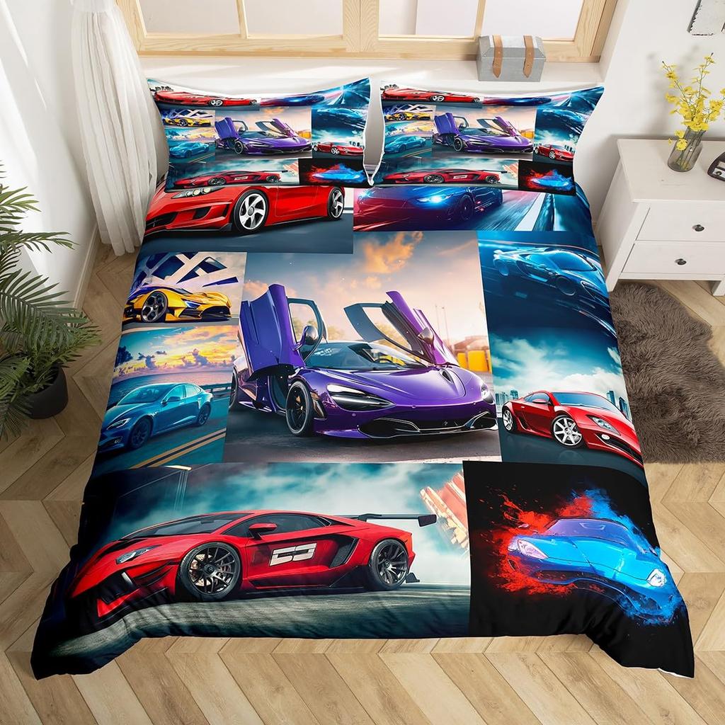 Boys Sports Car Bedding Set Twin Race Car Duvet Cover For Kids Teens Room DecorRacing Cars Bed Set