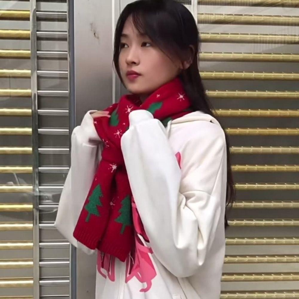 Cute Christmas Women Scarf Christmas Tree Jacquard Santa Claus Knitted Scarf Keep Warm Winter Knitted Scarves Lovers Gift