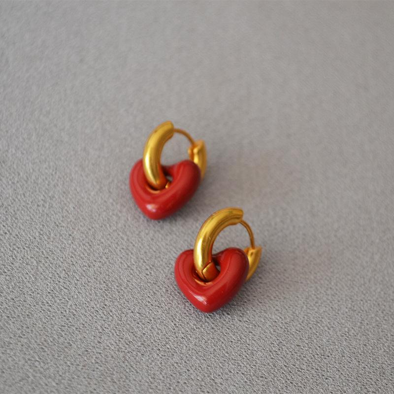 Korean Version Of Fashionable Retro Red Thick Fat Small Love Handmade Enamel Glaze Personality Niche Temperament U-Shaped Earrings Earrings