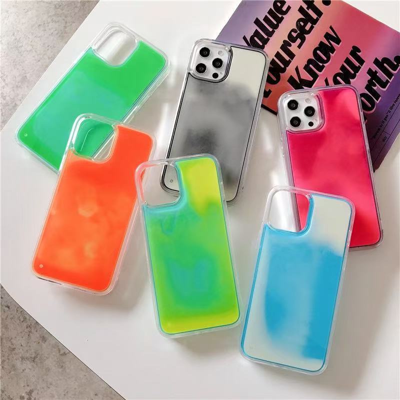 Neon Luminous Sand Liquid Phone Case for iPhone 16 Pro Max, Glow In Dark Gradient Fluorescent Cover