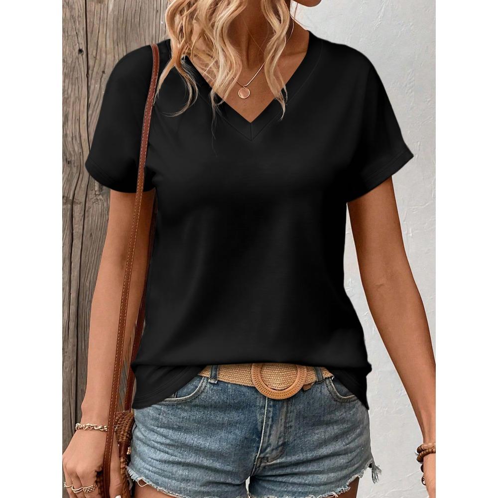 Women s Solid Color V-Neck T-Shirt - Oversized Short-Sleeve S