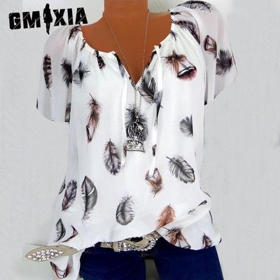Summer O-Neck Casual Loose Feather Print V-neck Short-sleeved Top