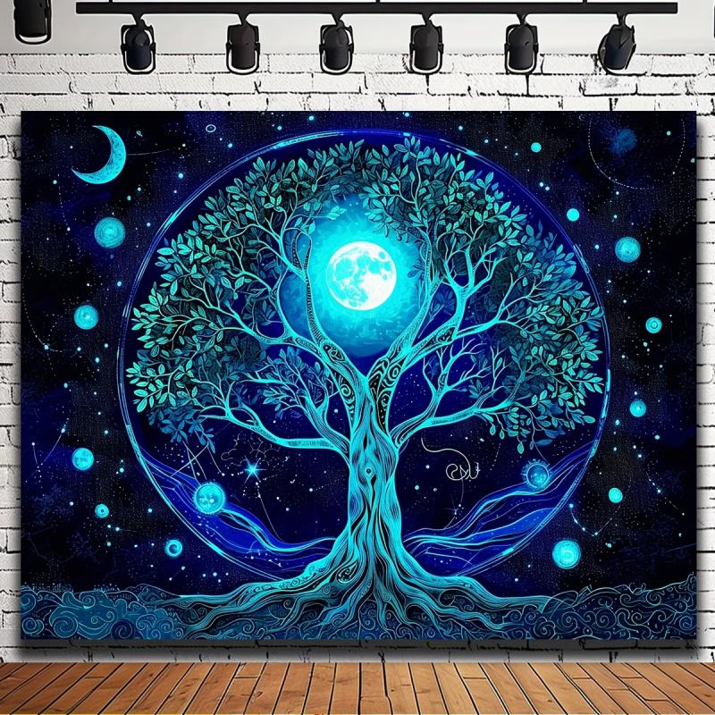 VIKAMA Tree of Life Starry Sky Moon Phase Tapestry Bedroom Bedhead Zen Wall Carpet Yoga Meditation Space Atmosphere Tapestry