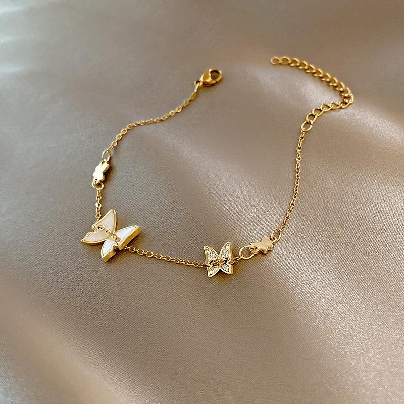 Korean Geometric Zircon Bracelet For Women Fashion Circle Butterfly Charm Titanium Steel Chain Bangle Girl Elegant Party Jewelry