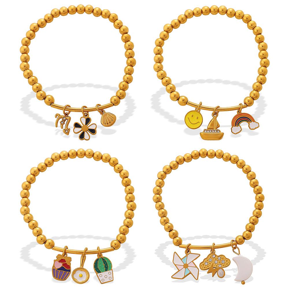 Vintage Vacation Style Smiley Face Rainbow DIY Multi-pendant Gold Beaded Bracelet Gold-plated Stackable Jewelry