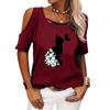 Women Casual Off Shoulder Tee Shirt Summer&fall Round Collar Short Sleeve Top Female Fashion Cat Printed T-shirt