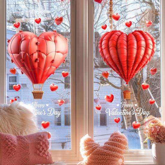 Hot Air Balloon Window Cling Happy Valentine's Day Heart Shape Balloon Static Glass Sticker Waterproof Wedding Holiday Party Window Decoration Decal