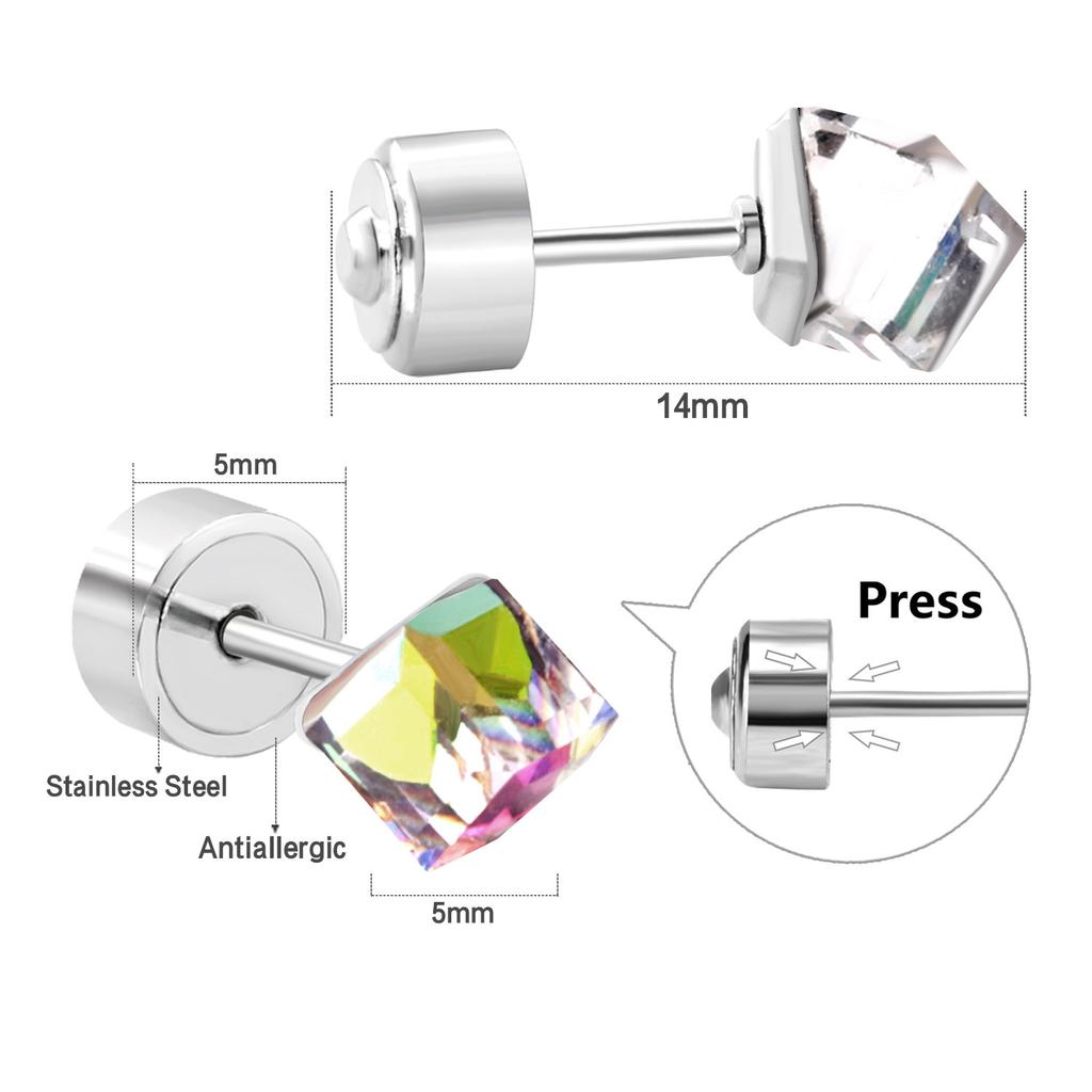 Accessories Colorful Square Diamond Screw Plug Earrings Simple Geometric Colored Diamond Pat Plug Earrings Stainless Steel Earrings
