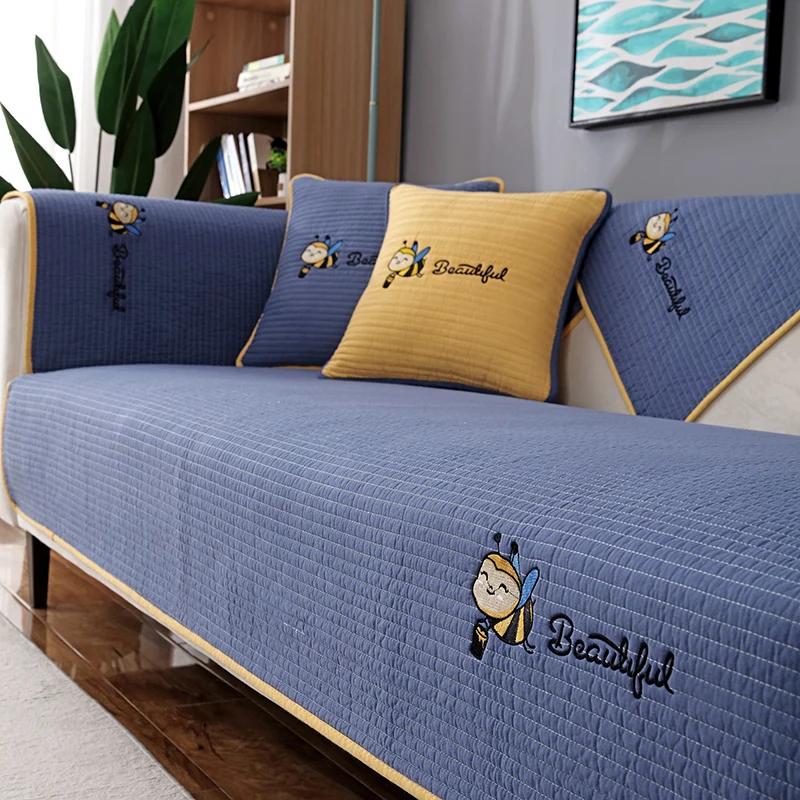 Non-Slip Sofa Cushion Thickened Fabric Four Seasons Universal Cushion Simple Modern Cartoon Cat Skin PrintingRetro Chinese Style
