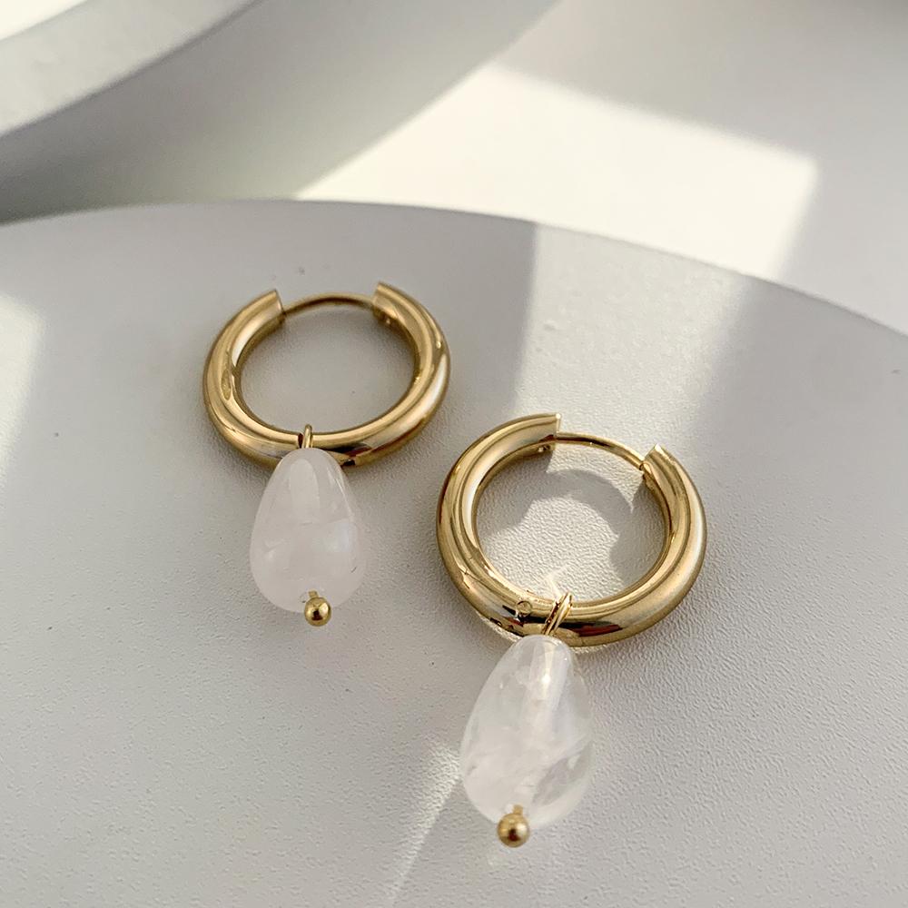

Vintage Transparent Green Natural Stones Teardrop Dangle Earrings for Women Simple Stainless Steel Gold Plated Hoops Huggies чистий
