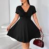 European and American Summer Large Size French V-neck Drawstring Slim Fungus Edge Dress