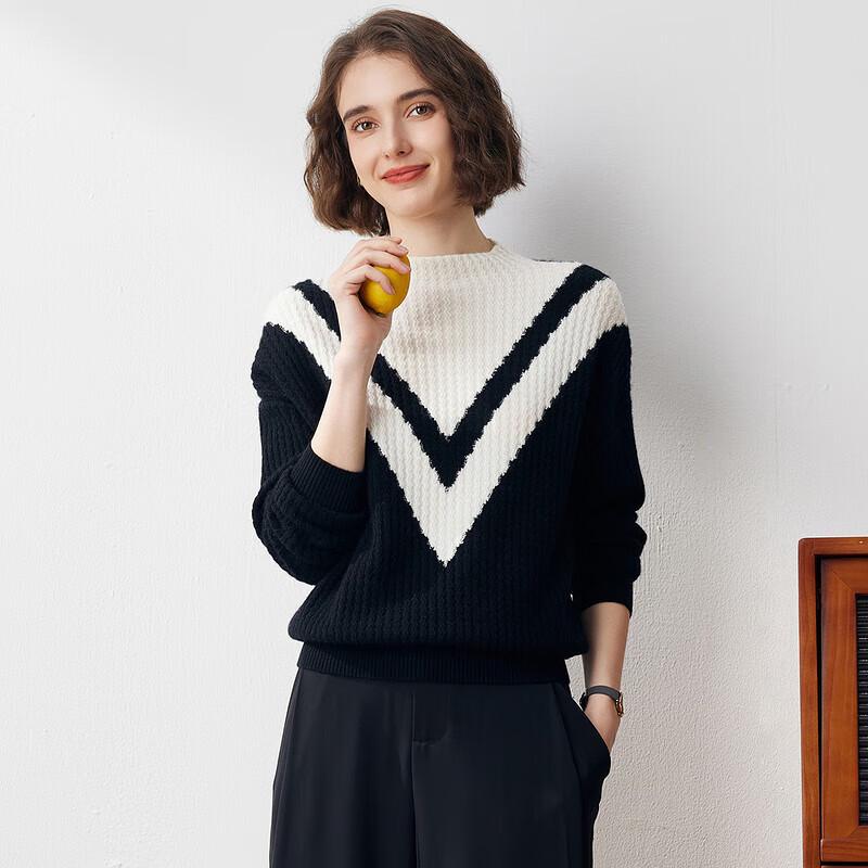 Komom Boka Women's Cashmere Semi-High Neck Sweater with V-Pattern Colorblock