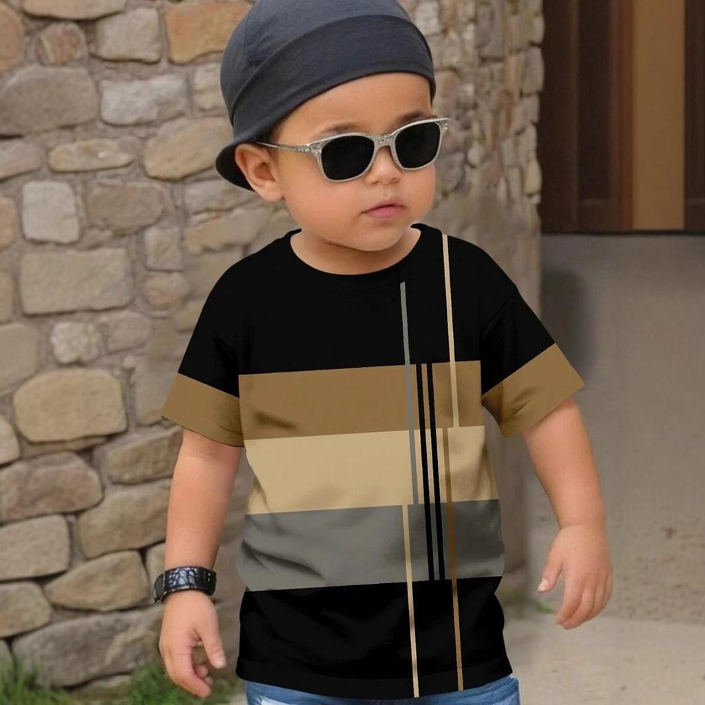 Summer Round Neck 3D Color Blocking Printed Top Fashionable Casual Short Sleeved Children's Boy T-shirts