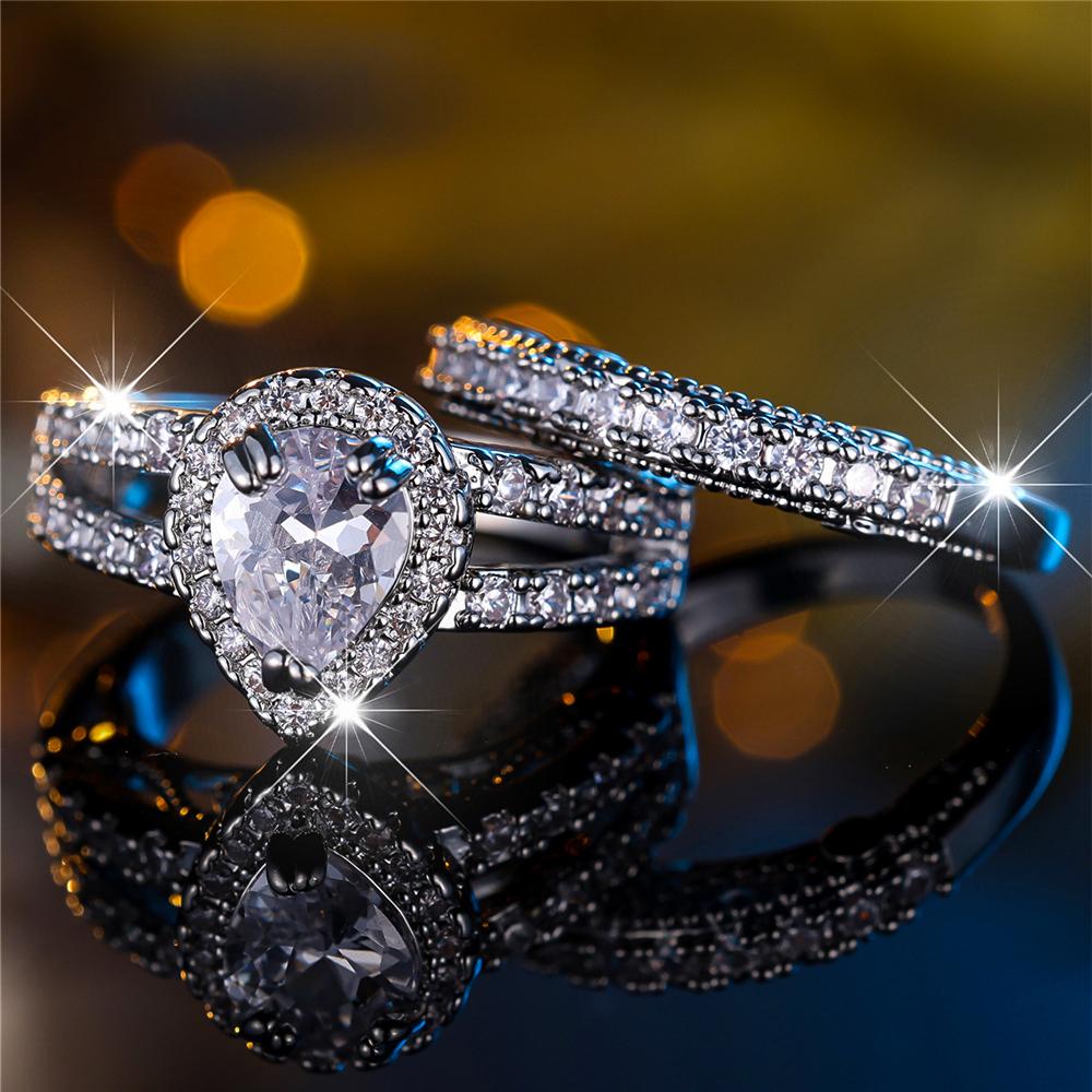 

Роскошный набор из 2 элегантных колец с кубическим цирконием в форме груши для помолвки для женщин, свадебных украшений, подарков 10 серебряный/белый