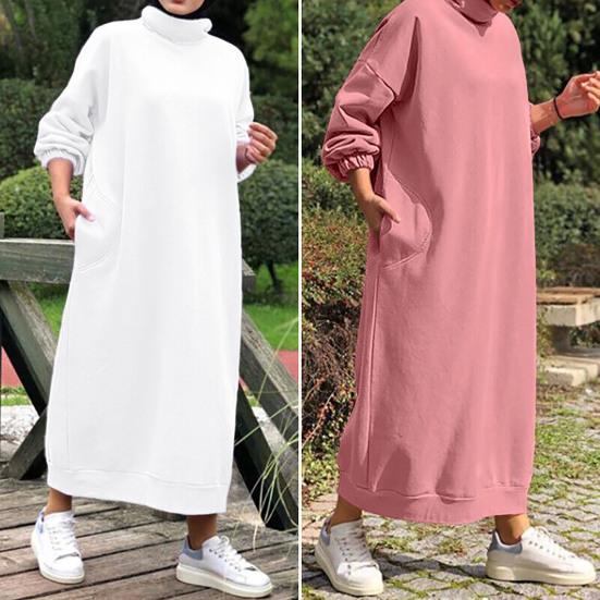 Dámské zimní šaty volné dlouhý rukáv jednobarevné rolák měkká ochrana krku