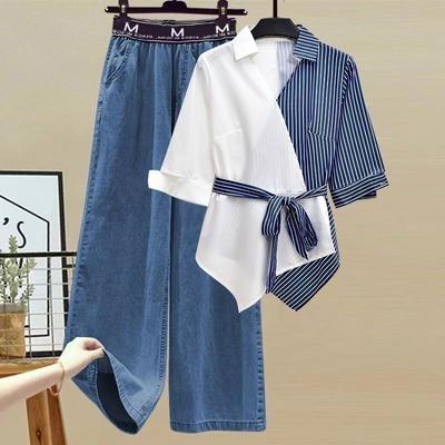 Women Two Piece Sets Pant Set Turn Down Collar Spring Shirt Y2k Streetwear Wide Leg Long Pants Jeans Elegant Matching Sets