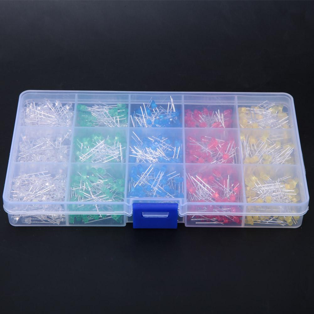 1000Pcs Assorted Color Red Yellow Blue Green White 3mm LED Light Emitting Diode Kit Box
