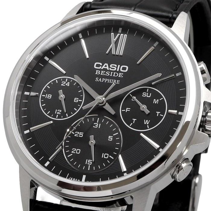 Casio BESIDE Quartz Men's Watch Sapphire Glass BMS-300L-1AV Black Leather Band Multi-Hand 24-Hour Display Black