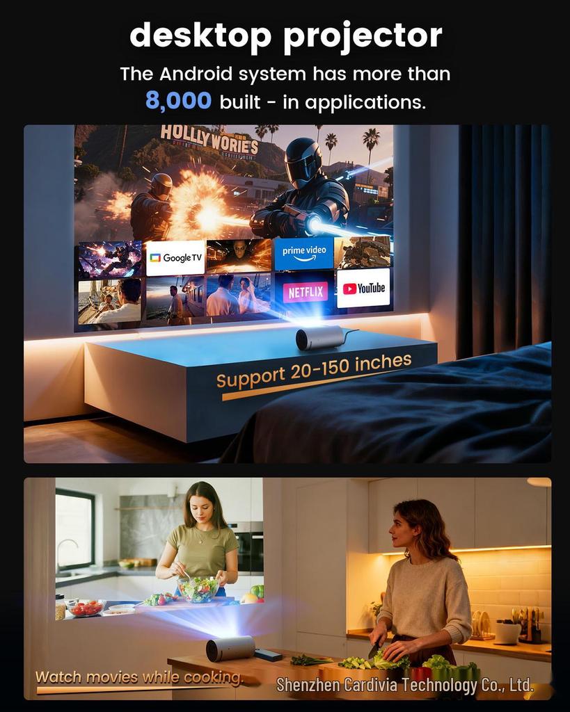 4K HD WiFi Android Smart Mini Projector Q8 with Mobile Power Connectivity