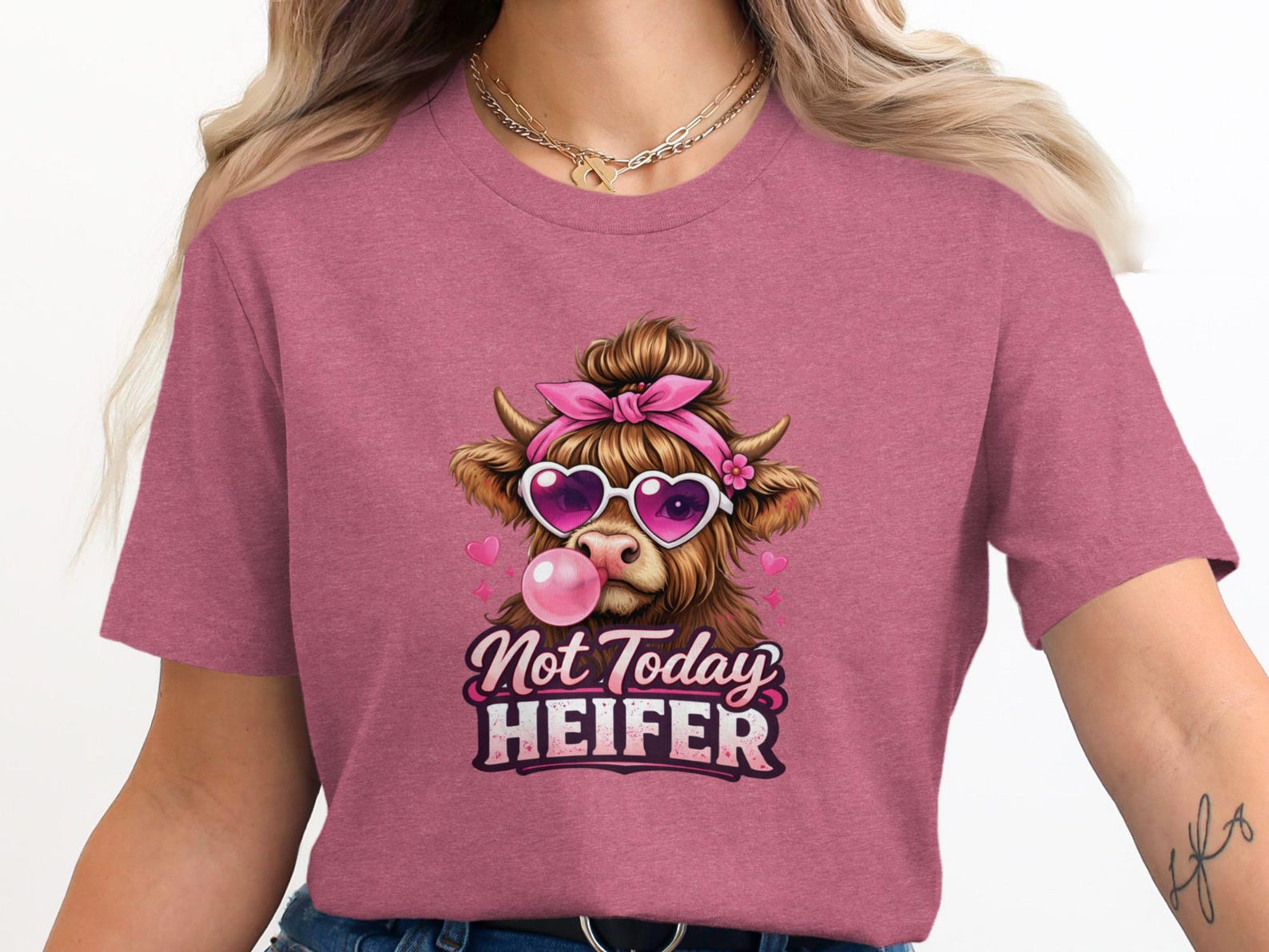 Sassy Highland Cow T-Shirt, Not Today Heifer, Heart Sunglasses Bubblegum Tee 2XL