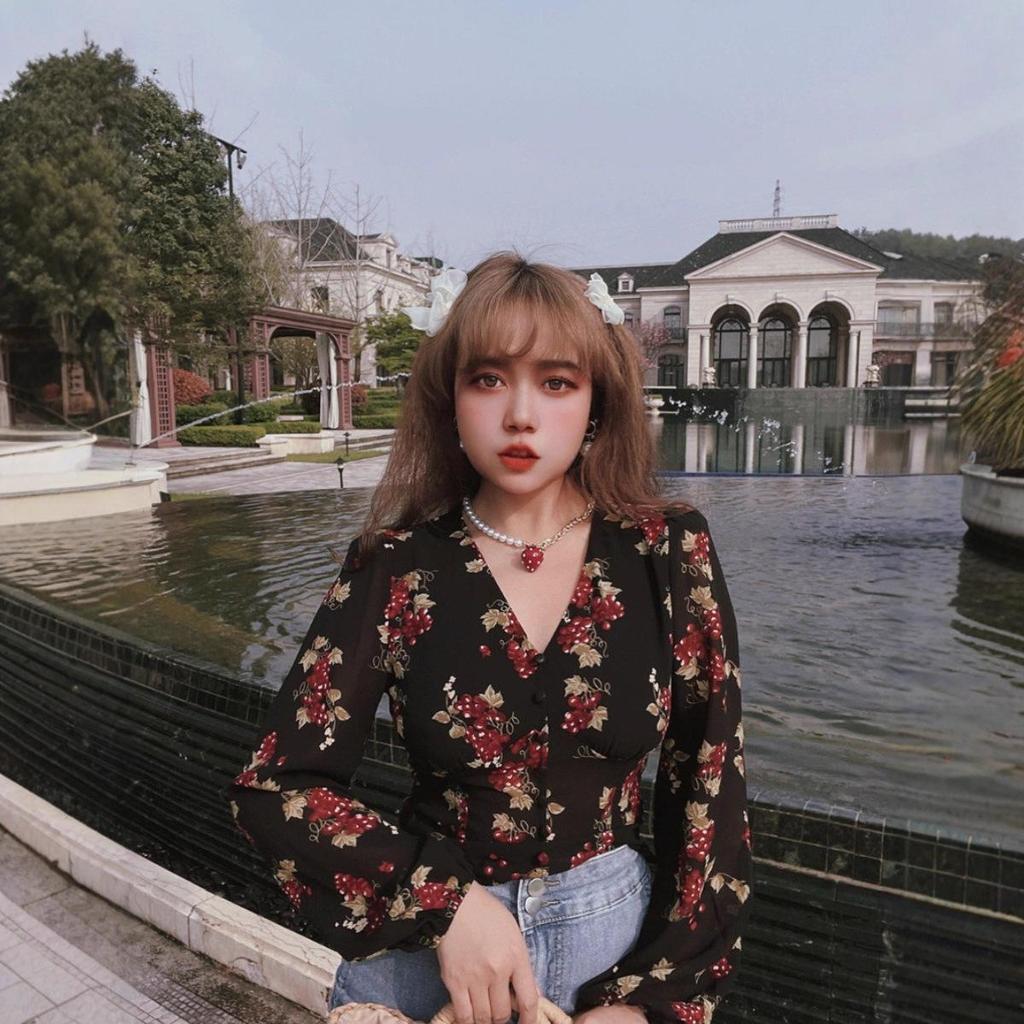 2026 Spring-Autumn Elegant Floral V-Neck Puff Sleeve Short Top for Women