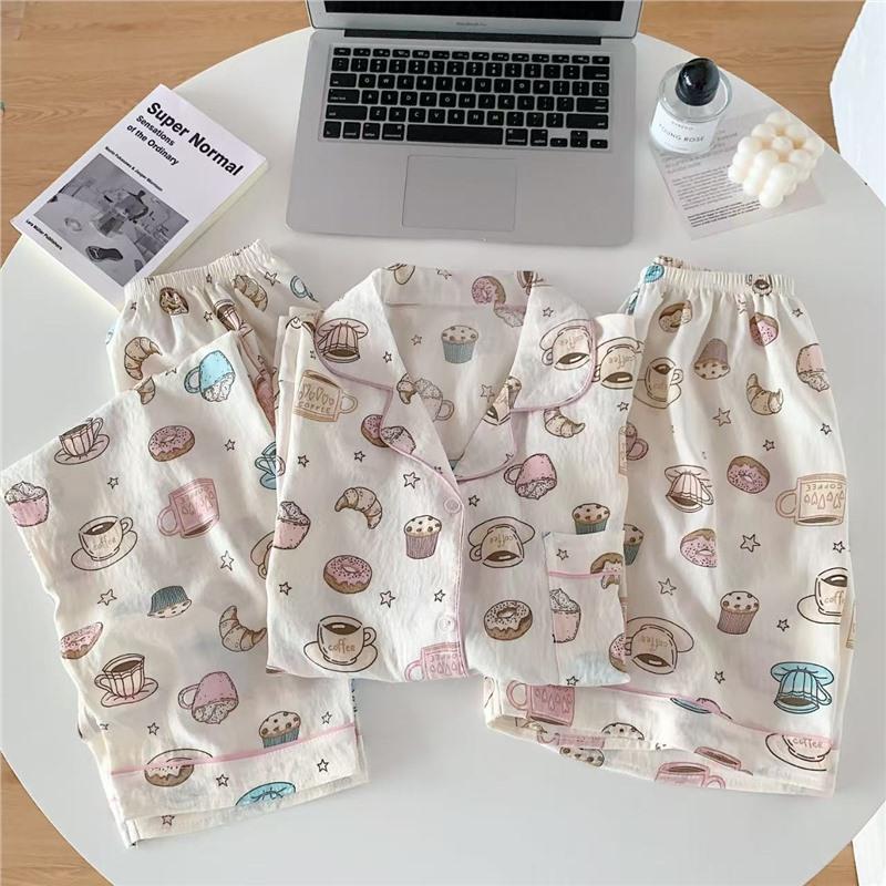 Set de pijamale de vară pentru femei cu pisicuță: Bumbac Nor Scutec cu Mânecă Scurtă, Pantaloni Scurți și Pantaloni Lungi