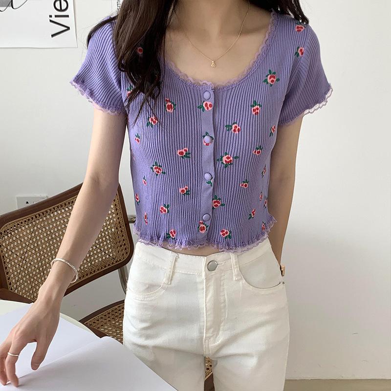 Retro Knit Short-sleeved T-shirt Female Summer Gentle Slim Small Flowers Navel Exposed Tops Casual Essential Comfort Style Slim Fit Pullovers Tees