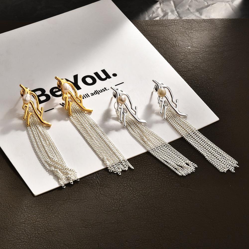 Elegant Long Tassel Chain Earrings, Luxury Pearl Drop Studs for Vacation