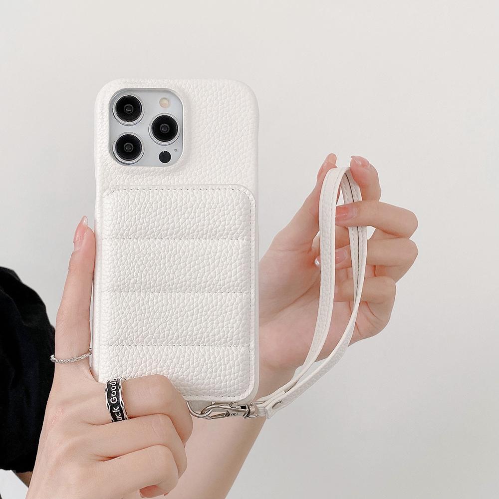 For iPhone 14 Pro Max Case Card Slots Kickstand PU Leather+PET Phone Cover with Wrist Strap