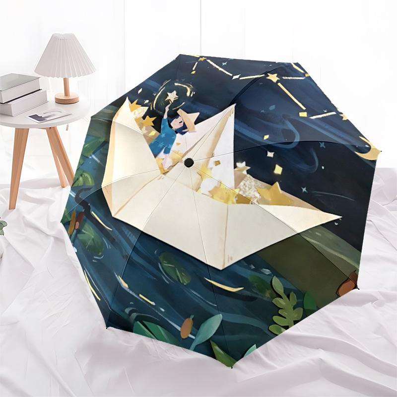 1pc Paper Boat Night Auto Open/close, All-Season Portable Folding Cute Umbrella for Women & Men, Travel, Everyday, Formal Events - Compact Luxury Para
