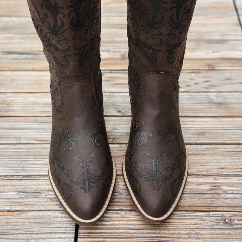 Damen Europäische Größe Holzabsatz Bestseller Western Cowboy Stiefel Kniehoch Neu Bedruckt Slipper High Heel Lederstiefel