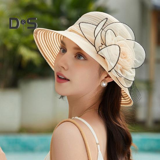 Chapeau de soleil Kentucky en organza pour femme, chapeau à large bord avec fleurs, idéal pour l'église, la plage, le Derby, pour un goûter ou un mariage