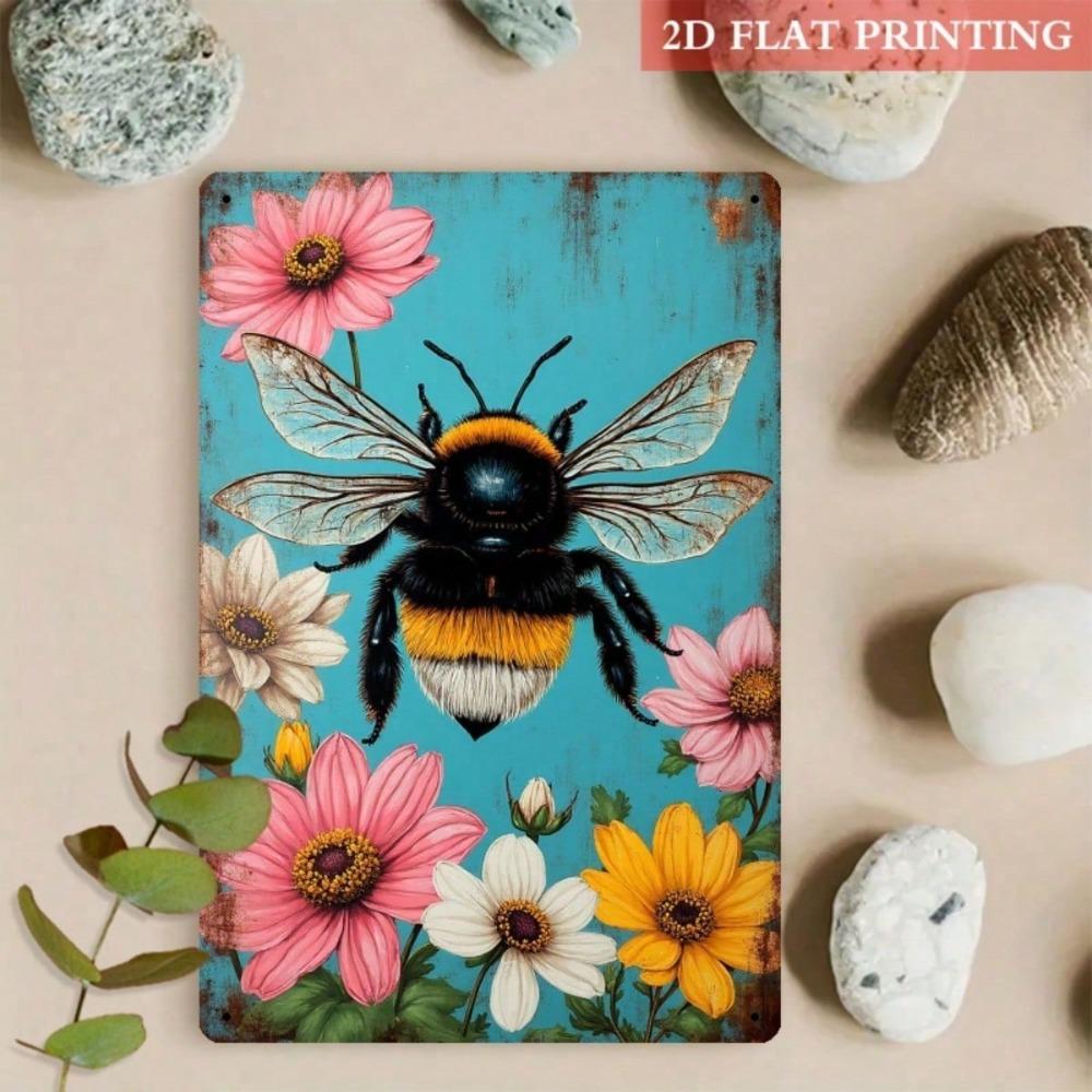 2D Retro Metal Foil Sign, Vintage Bees & Floral Wall Art, Turquoise & Pink Rustic Cottage Decor, Country Bee Design
