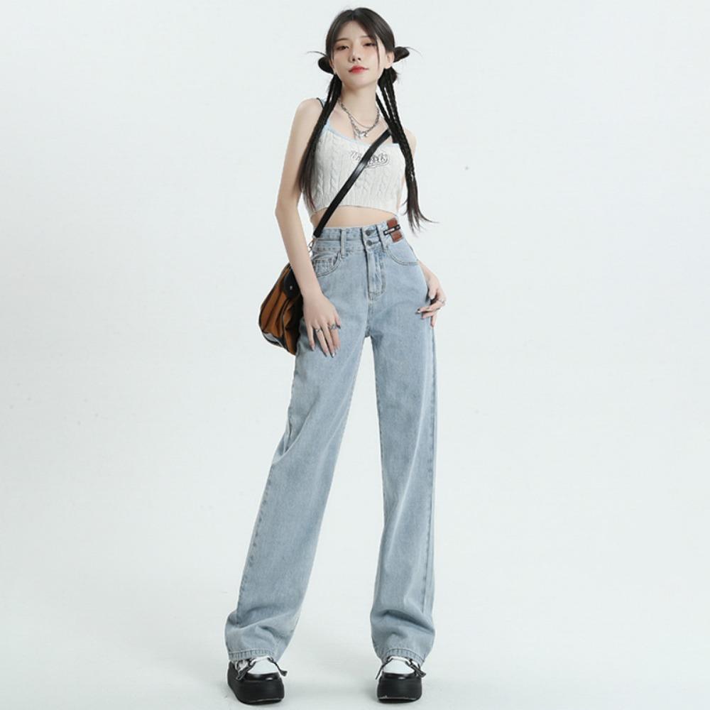 

Personalized Versatile Double Button Straight Jeans Women s Spring and Autumn 2025 High Waist Drop Small Mopping Wide Leg Pants S светло-синий