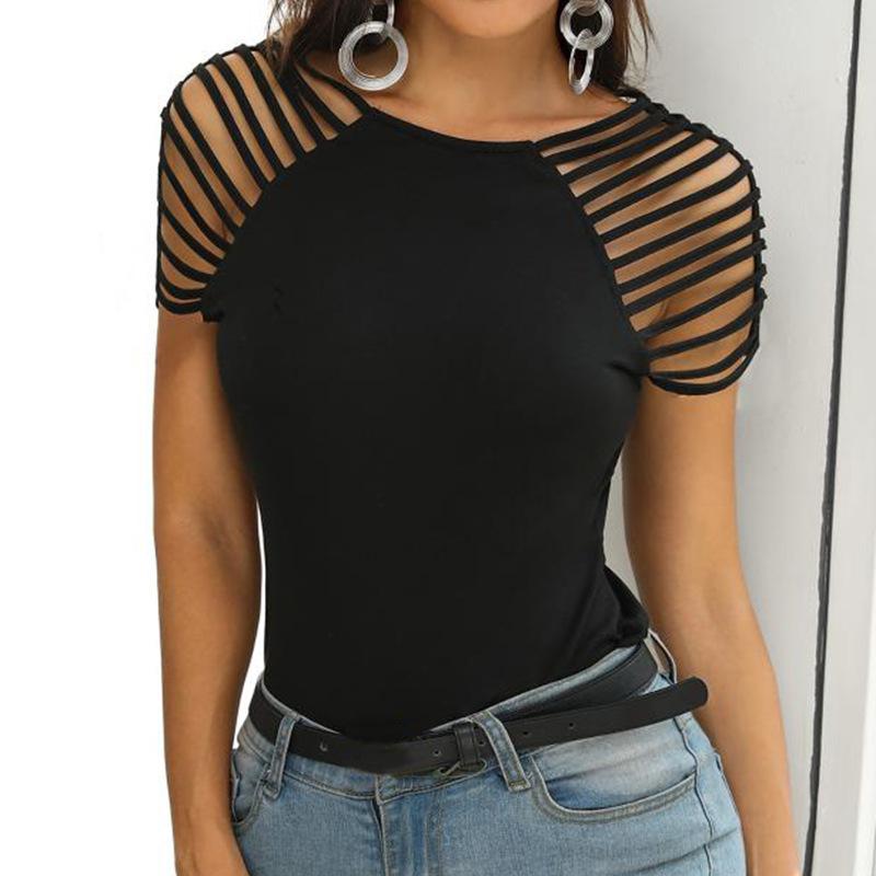 

Women s clothing European and American sexy slim-fitting hollow pull-up top fashionable versatile short-sleeved crew neck T-shirt S чёрный