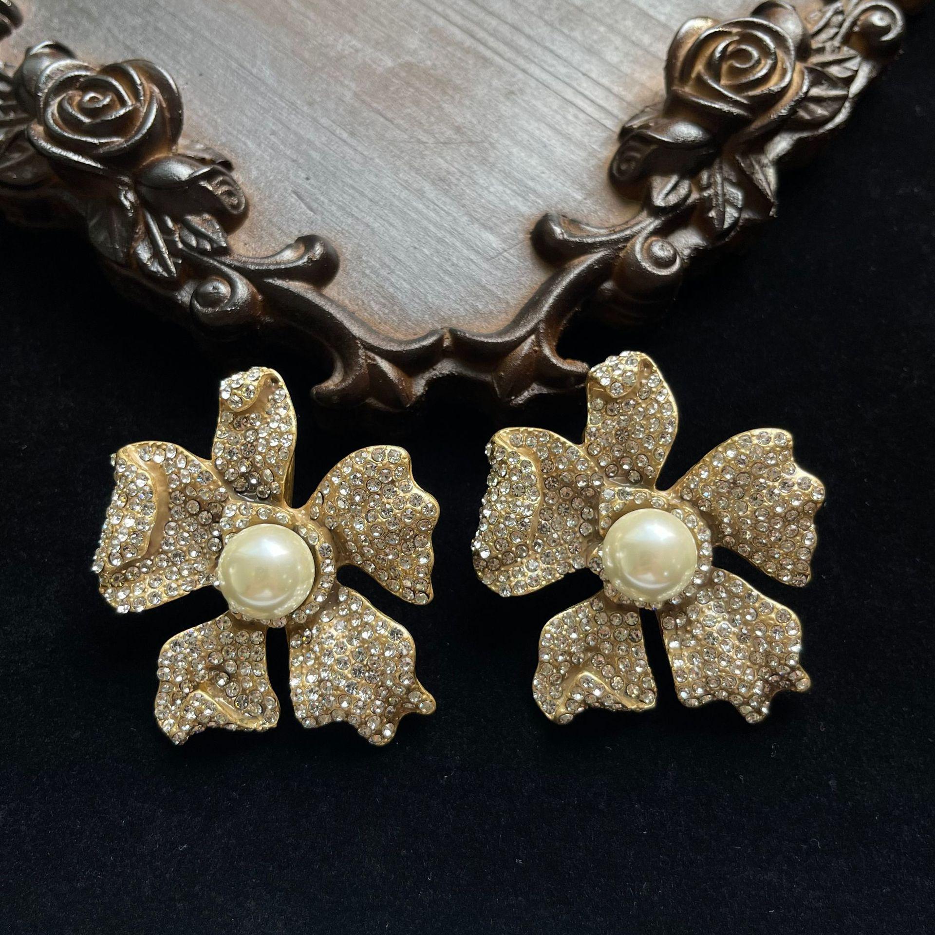 

Vintage French Baroque Pearl Flower Stud Earrings, 925 Silver, Rhinestone Embellished, Large Size.