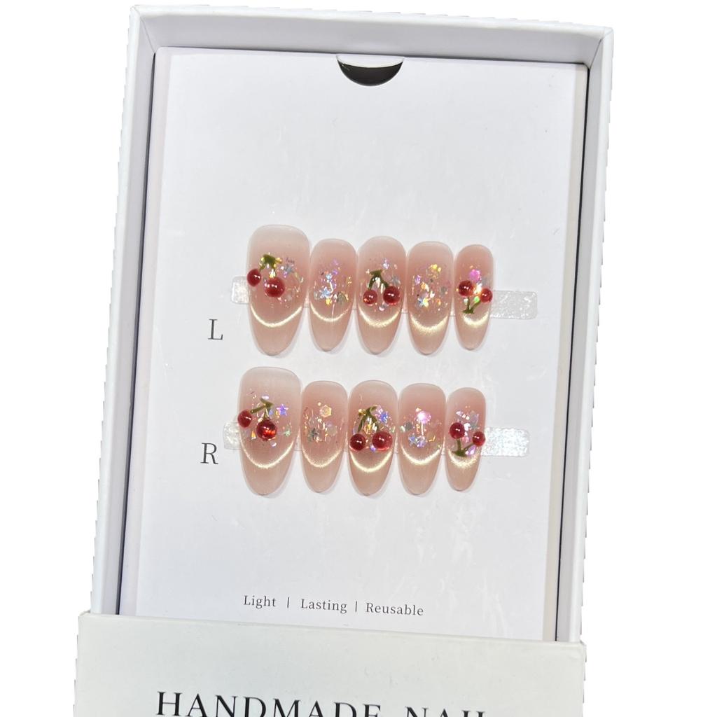 Smiling Cat Eye French Hand-painted Cute Cherry Sequin Glitter Nail Art Patch Wear Nail Pure Handmade