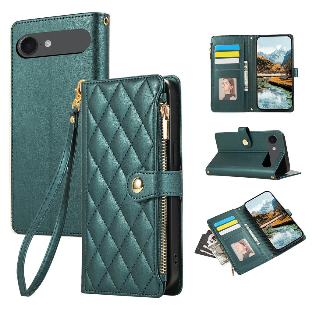 For iPhone 17 Air Case Multi Card Slots Zipper Rhombus Leather Phone Cover with Wrist Strap