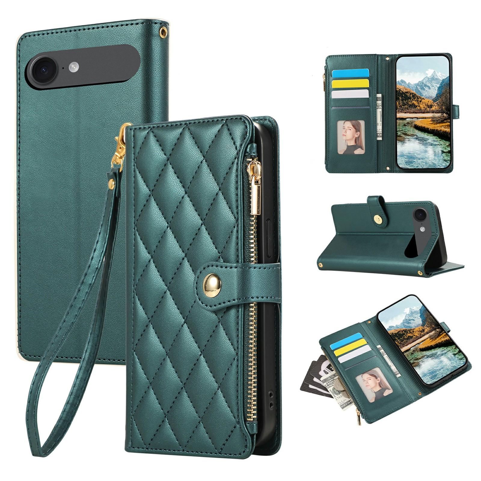 

For iPhone 17 Air Case Multi Card Slots Zipper Rhombus Leather Phone Cover with Wrist Strap Green
