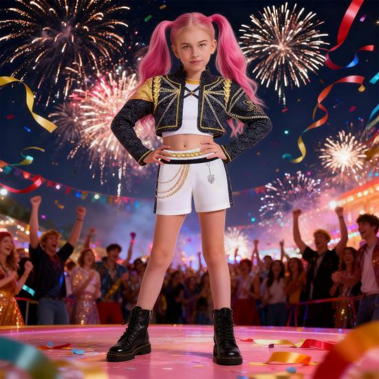 Kids Halloween Demon Hunters Performance Costume Cosplay Outfits for Dance Stage Role Play Soft Comfortable Vibrant Stage Wear for Christmas Birthday