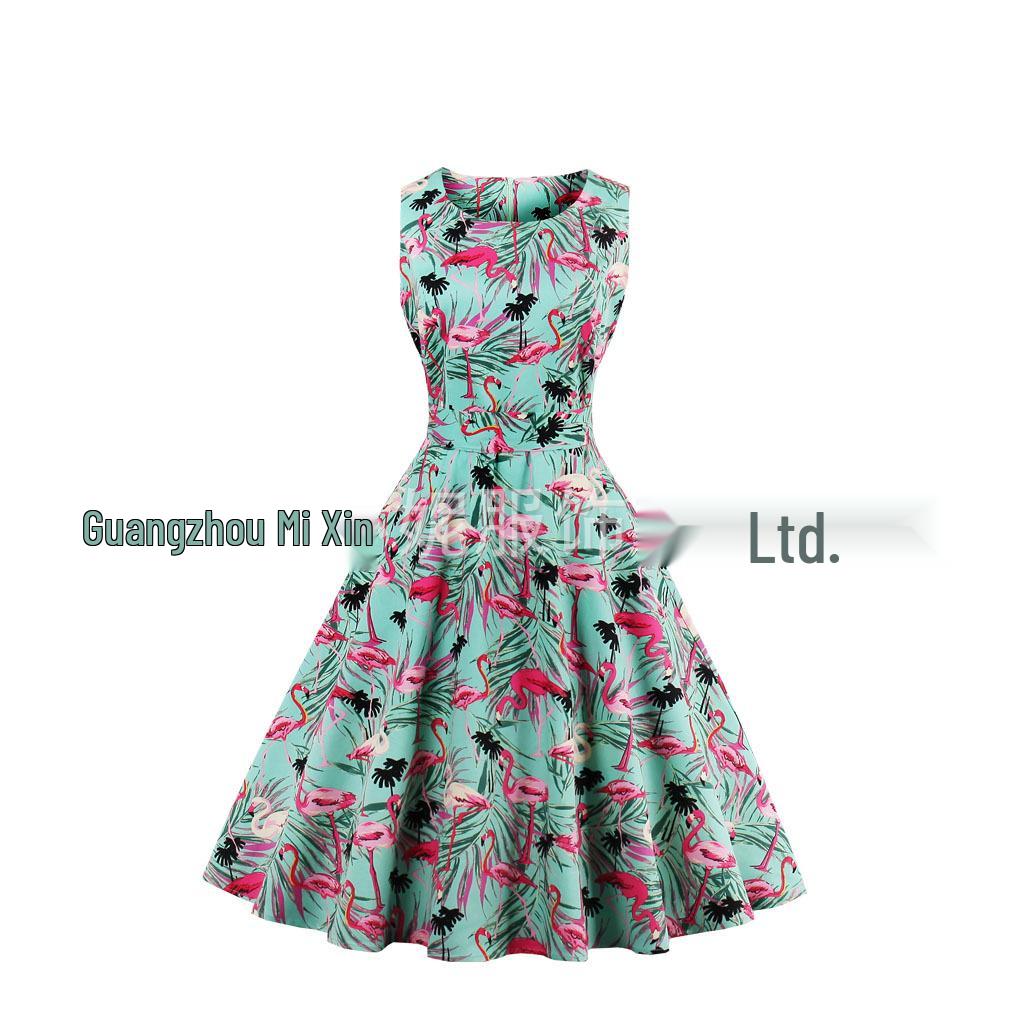 Plus Size Women s Sleeveless Hepburn-Style Retro Print Dress 3X Large