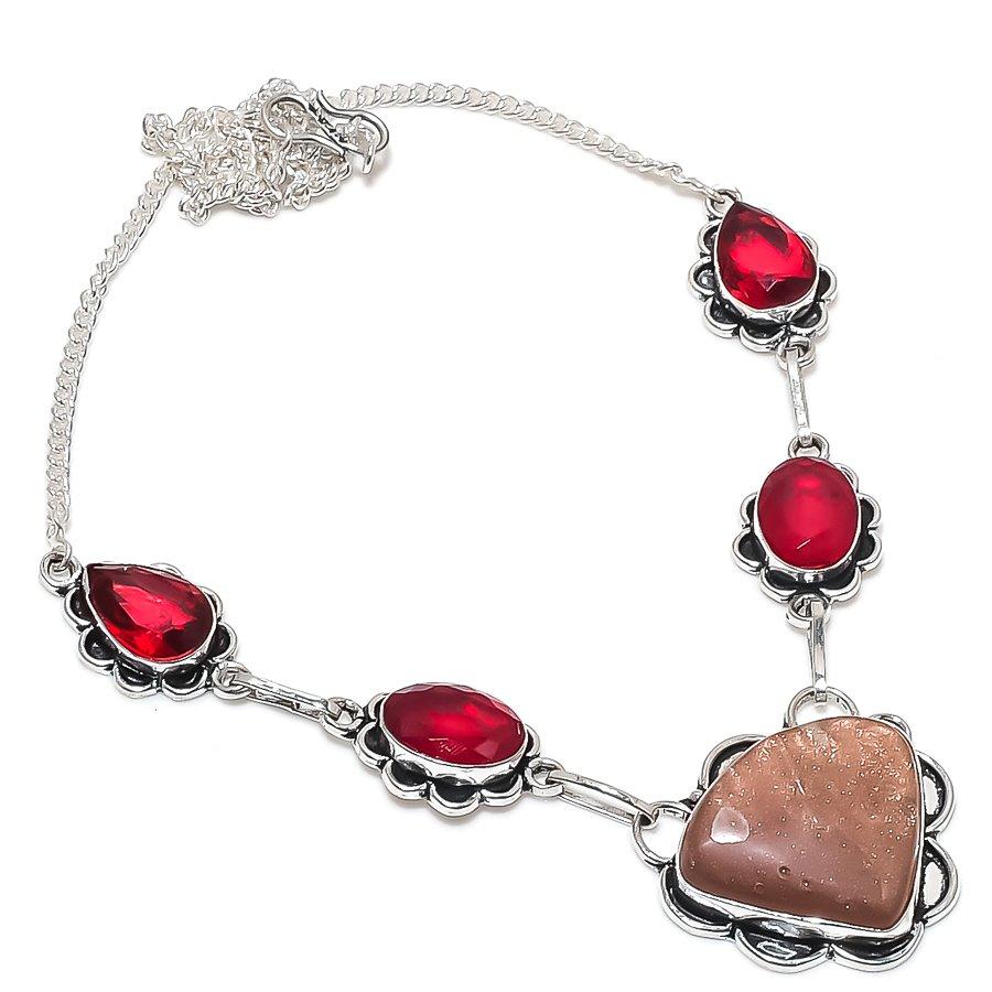 Natural Sunsheen Obsidian, Garnet 925 Sterling Silver Jewelry Necklace 18" E0S27
