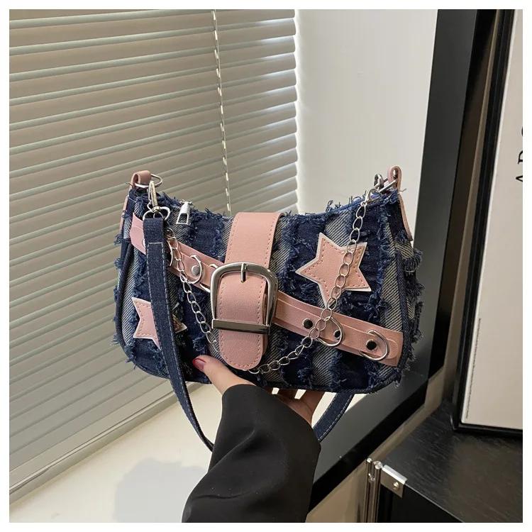 Fashion Cool Girls Denim Shoulder Crossbody Bags Vintage Chain Women's Underarm Bag Y2k Star Portable Female Hobos Handbags