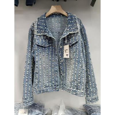 2025 Retro Ausgefranste Bestickte Strassstein Jeansjacke