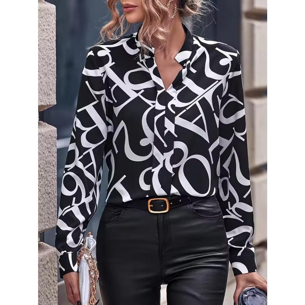 Elegant Women's Shirt Fashion Colour Blocking 3D Printing Lapel Button Down Shirts Autumn Blouses Casual Women's Long Sleeve Top