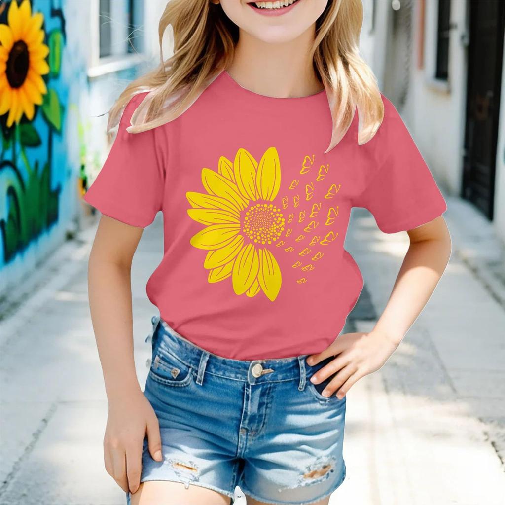 Kids Fashion Short Sleeve Round Neck Floral Printed Casual T-Shirt Top