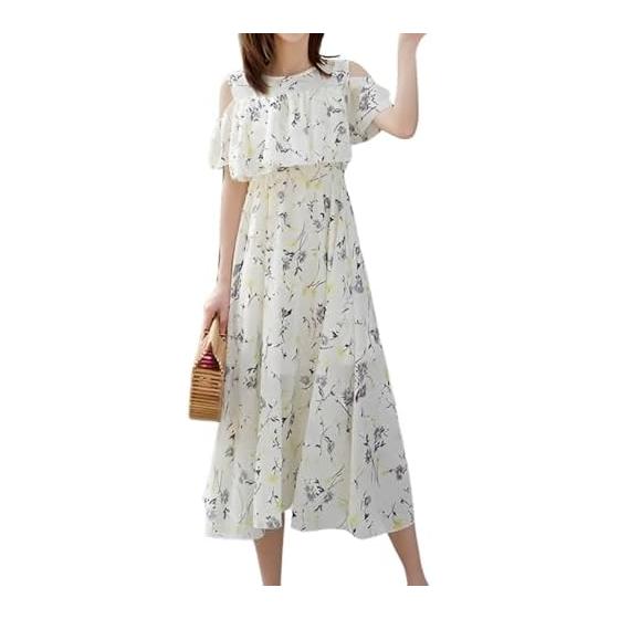 [Four leaf] Floral Print Dress, Resort Dress, Women s, Summer, Cute, Off-the-Shoulder Dress, Pretty, Long, Casual, Large Size, Short Sleeve, Resort,