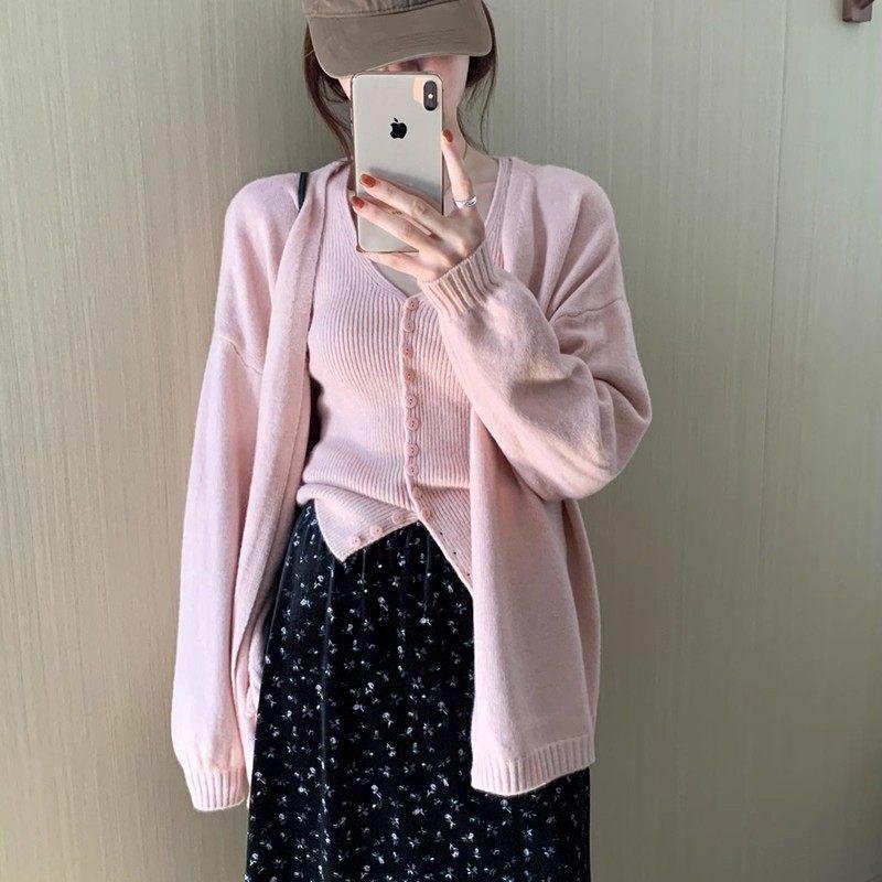Korean Style Knit V-Neck Cardigan & Camisole Set for Women - Autumn/Winter Sweater Vest Duo
