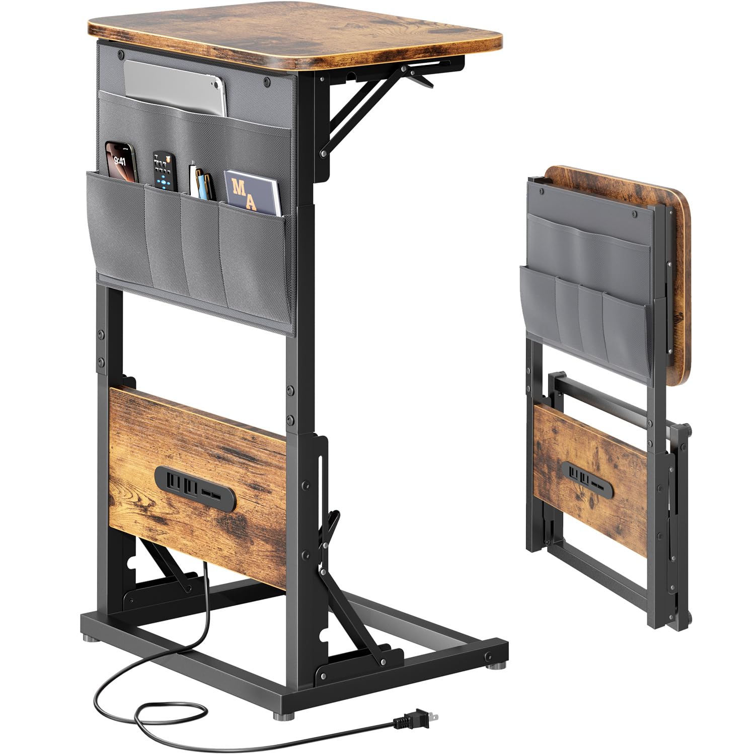 

HLFURNITURE Прикроватный столик W40 x D30 x Столик для дивана с хранением Складной Боковой Современный Модный Мини Столик в стиле Tagee, L-образный стол, H72см, Розетка,